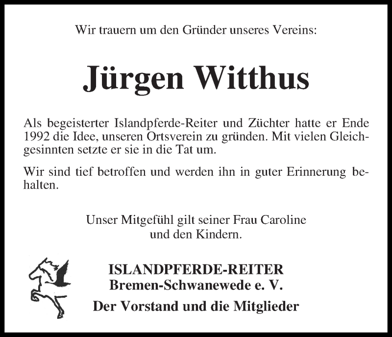  Traueranzeige für Jürgen Witthus vom 18.04.2015 aus Die Norddeutsche