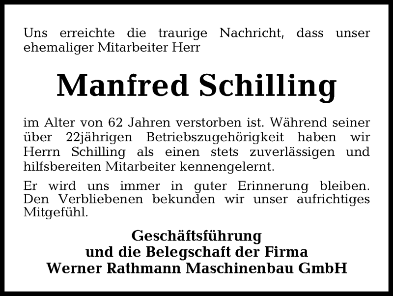  Traueranzeige für Manfred Schilling vom 21.11.2015 aus Osterholzer Kreisblatt