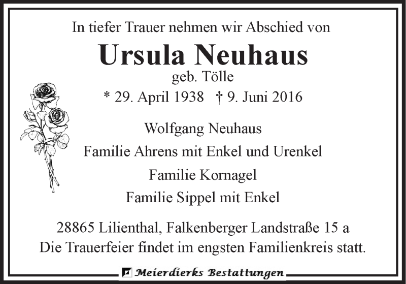  Traueranzeige für Ursula Neuhaus vom 11.06.2016 aus WESER-KURIER