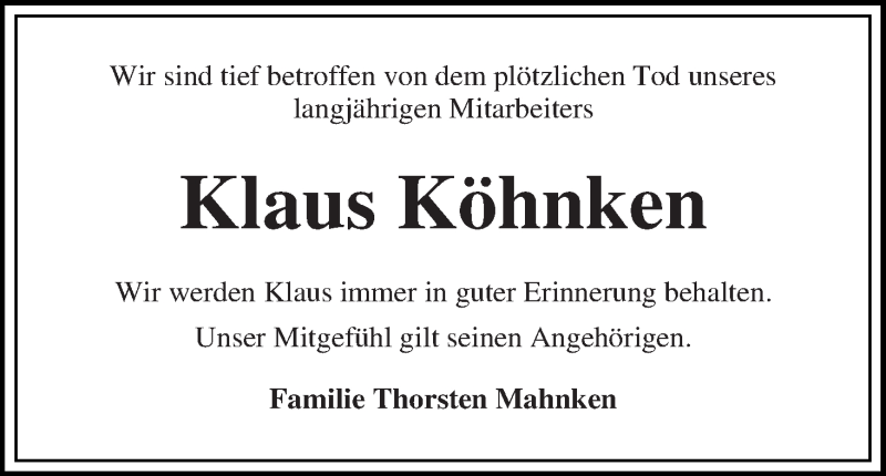  Traueranzeige für Klaus Köhnken vom 03.07.2015 aus Wuemme Zeitung