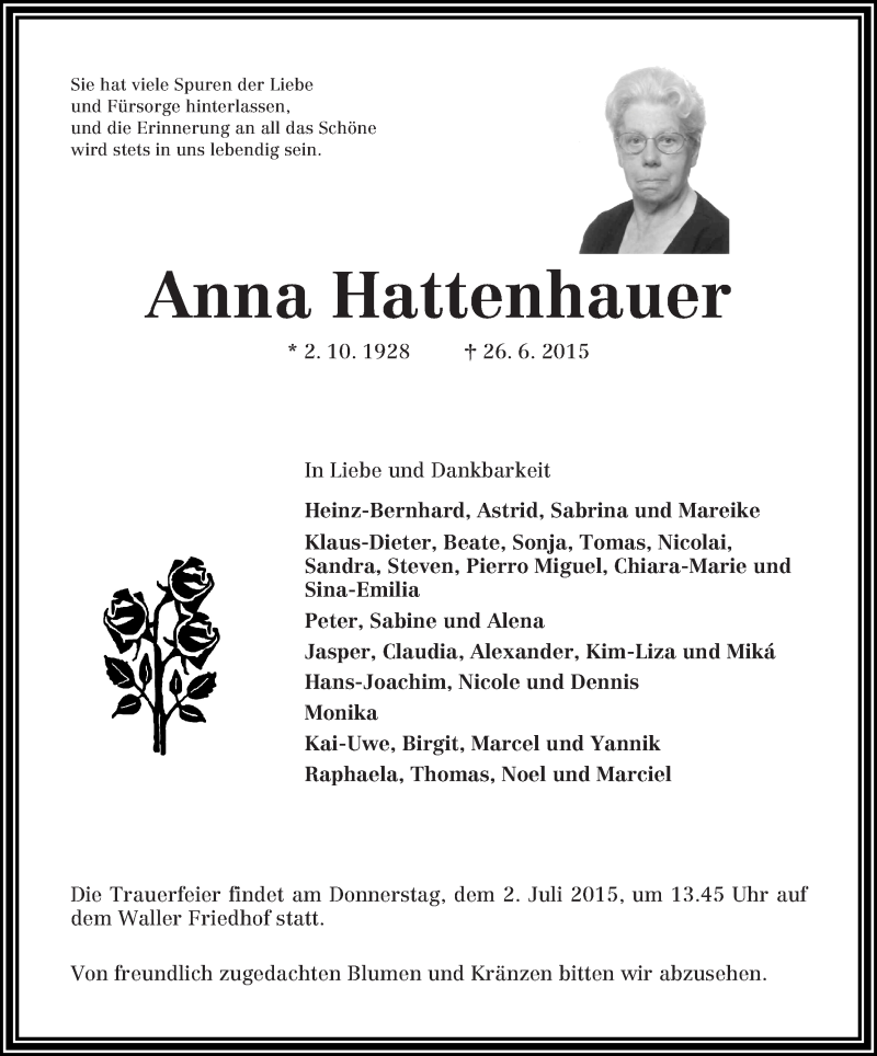  Traueranzeige für Anna Hattenhauer vom 30.06.2015 aus WESER-KURIER