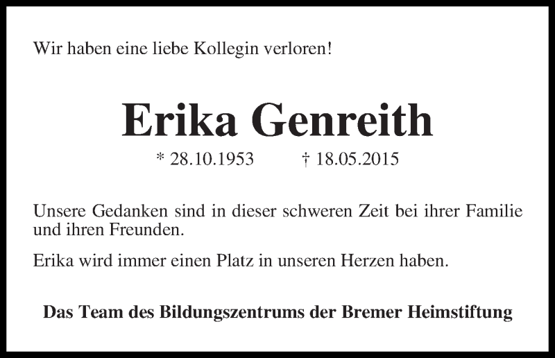  Traueranzeige für Erika Genreith vom 23.05.2015 aus WESER-KURIER