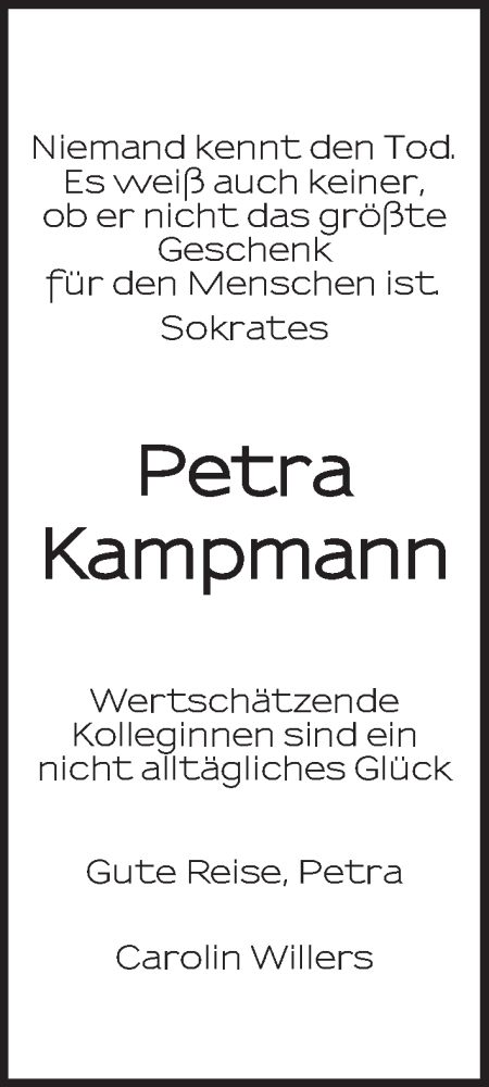  Traueranzeige für Petra Kampmann vom 21.11.2015 aus WESER-KURIER