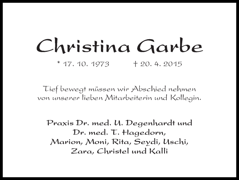  Traueranzeige für Christina Garbe vom 25.04.2015 aus WESER-KURIER