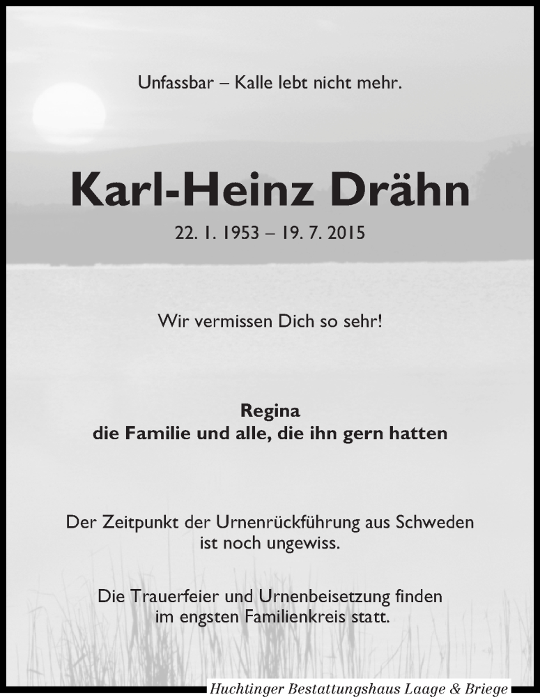  Traueranzeige für Karl-Heinz Drähn vom 28.07.2015 aus WESER-KURIER