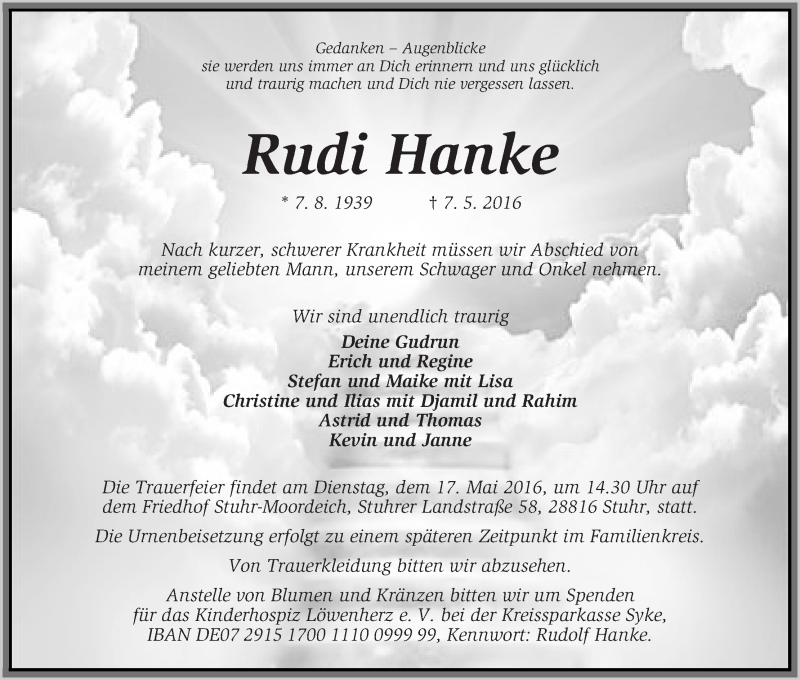 Traueranzeigen Von Rudolf Rudi Hanke Trauer Gedenken