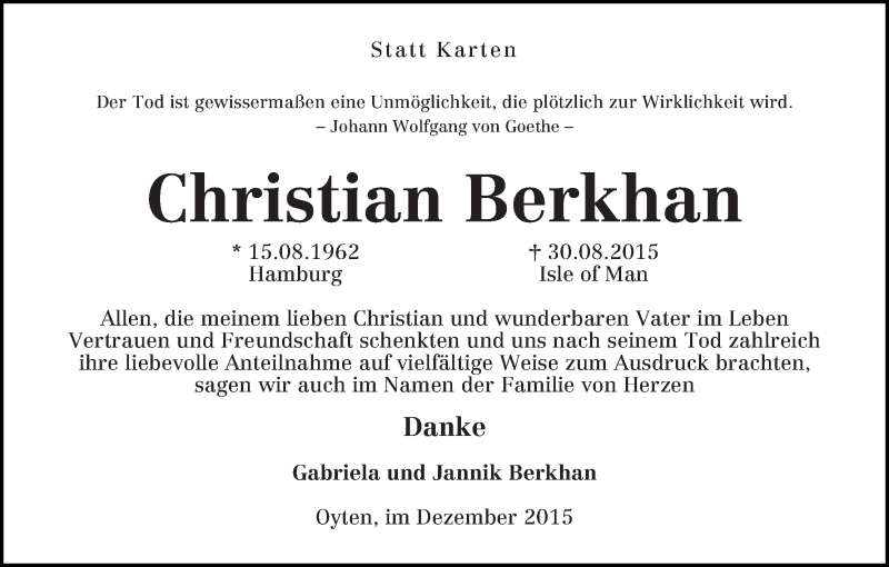  Traueranzeige für Christian Berkhan vom 12.12.2015 aus Achimer Kurier/Verdener Nachrichten