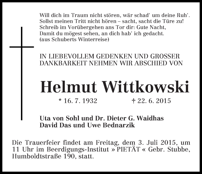  Traueranzeige für Helmut Wittkowski vom 27.06.2015 aus WESER-KURIER
