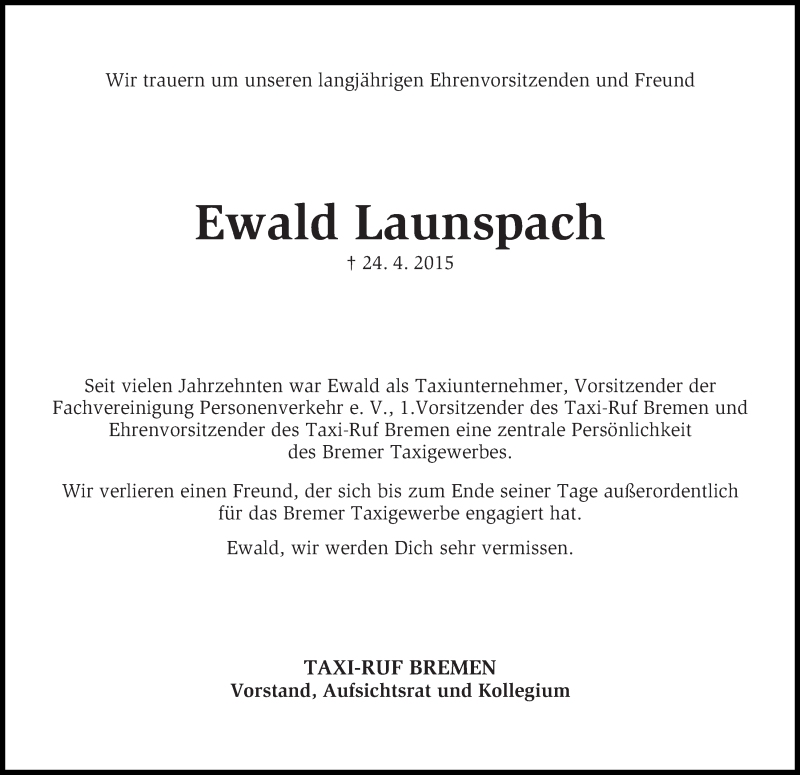  Traueranzeige für Ewald Launspach vom 29.04.2015 aus WESER-KURIER