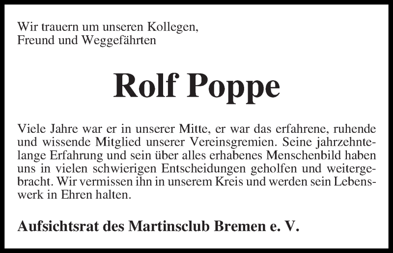  Traueranzeige für Rolf Poppe vom 30.01.2016 aus WESER-KURIER