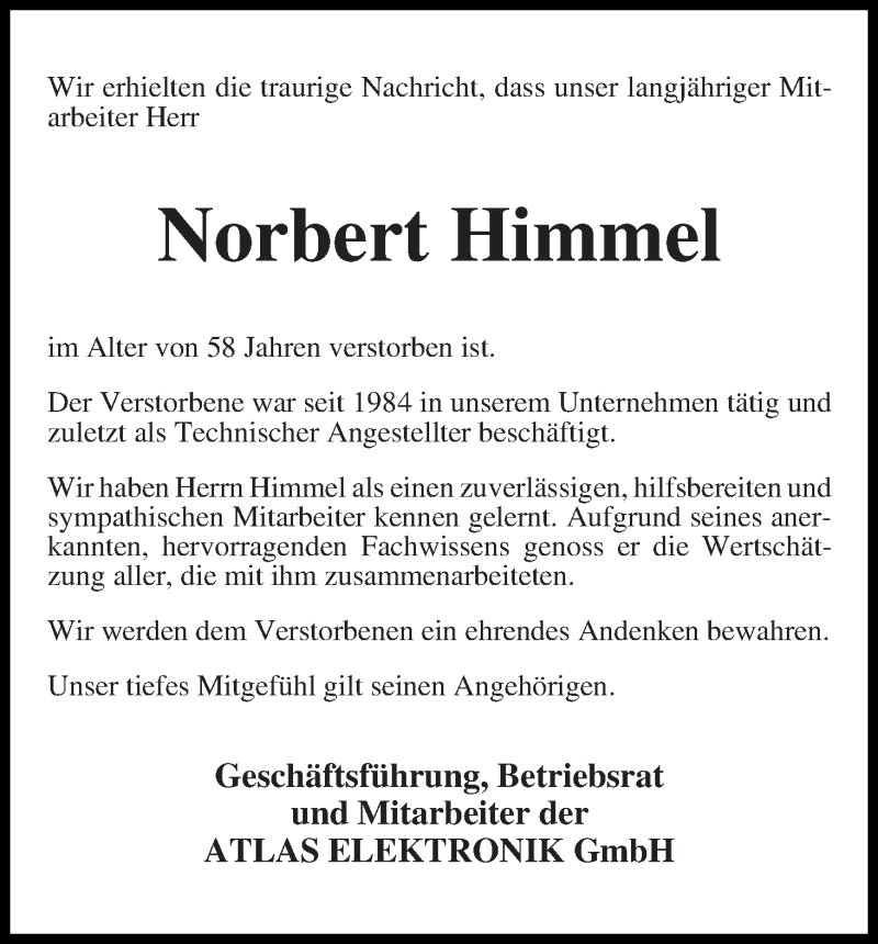  Traueranzeige für Norbert Himmel vom 31.01.2015 aus WESER-KURIER