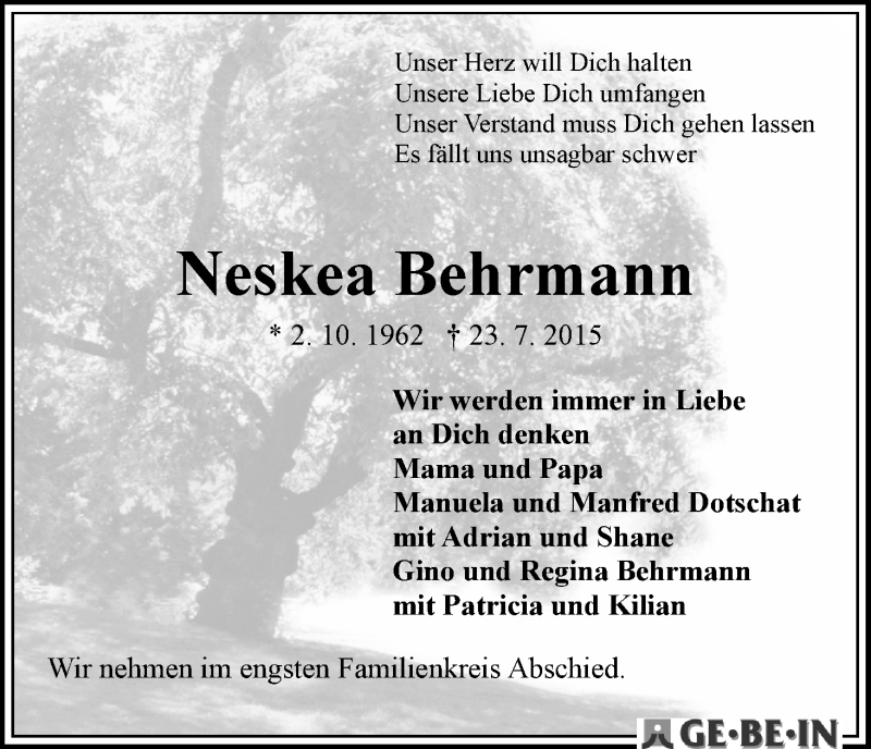  Traueranzeige für Neskea Behrmann vom 01.08.2015 aus WESER-KURIER