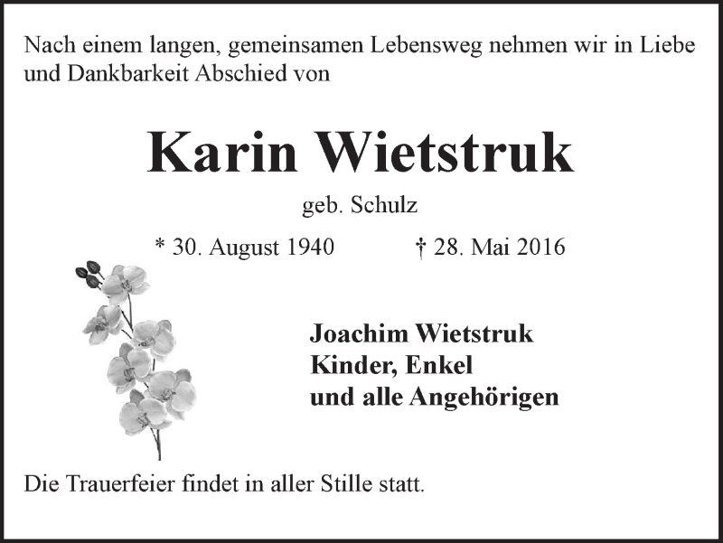  Traueranzeige für Karin Wietstruk vom 01.06.2016 aus WESER-KURIER