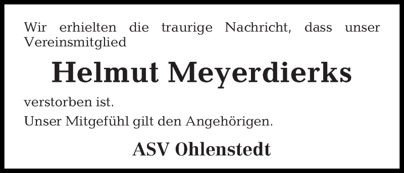  Traueranzeige für Helmut Meyerdierks vom 30.05.2015 aus Osterholzer Kreisblatt