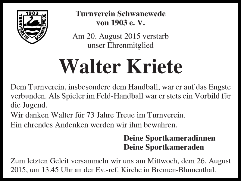  Traueranzeige für Walter Kriete vom 25.08.2015 aus Die Norddeutsche