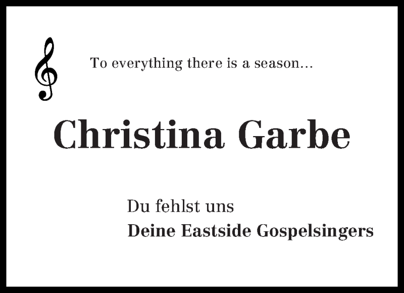  Traueranzeige für Christina Garbe vom 25.04.2015 aus WESER-KURIER