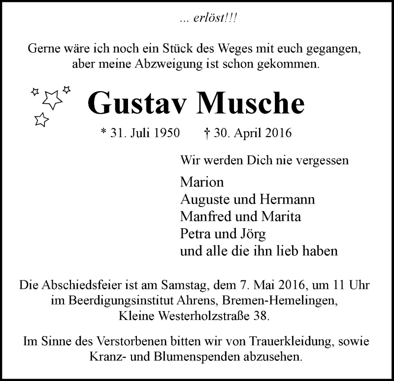  Traueranzeige für Gustav Musche vom 04.05.2016 aus WESER-KURIER