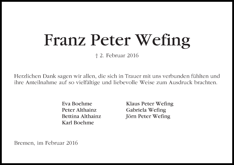  Traueranzeige für Franz Peter Wefing vom 27.02.2016 aus WESER-KURIER