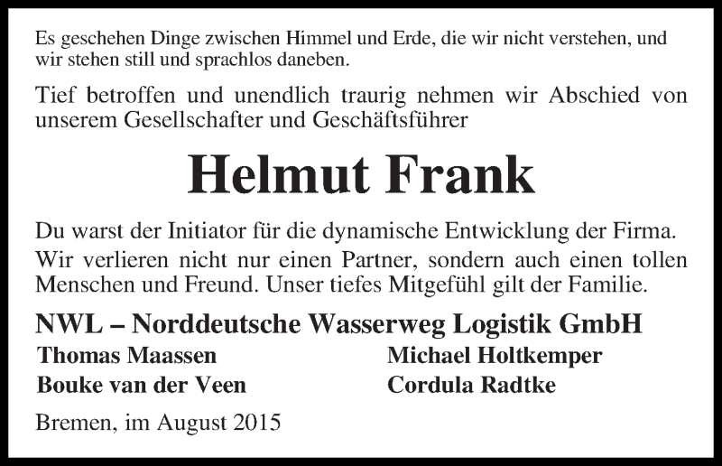  Traueranzeige für Helmut Frank vom 28.08.2015 aus WESER-KURIER
