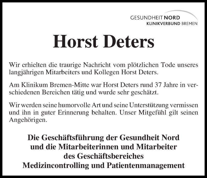  Traueranzeige für Horst Deters vom 04.05.2016 aus WESER-KURIER