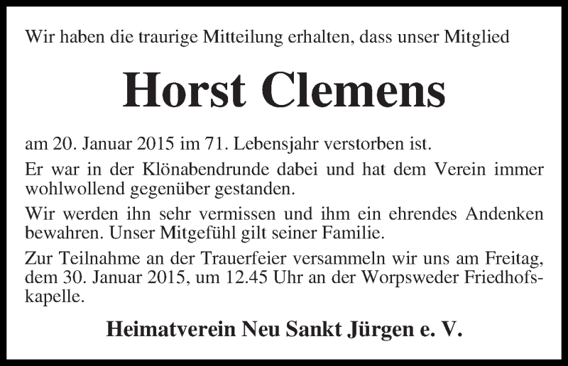  Traueranzeige für Horst Clemens vom 27.01.2015 aus Wuemme Zeitung