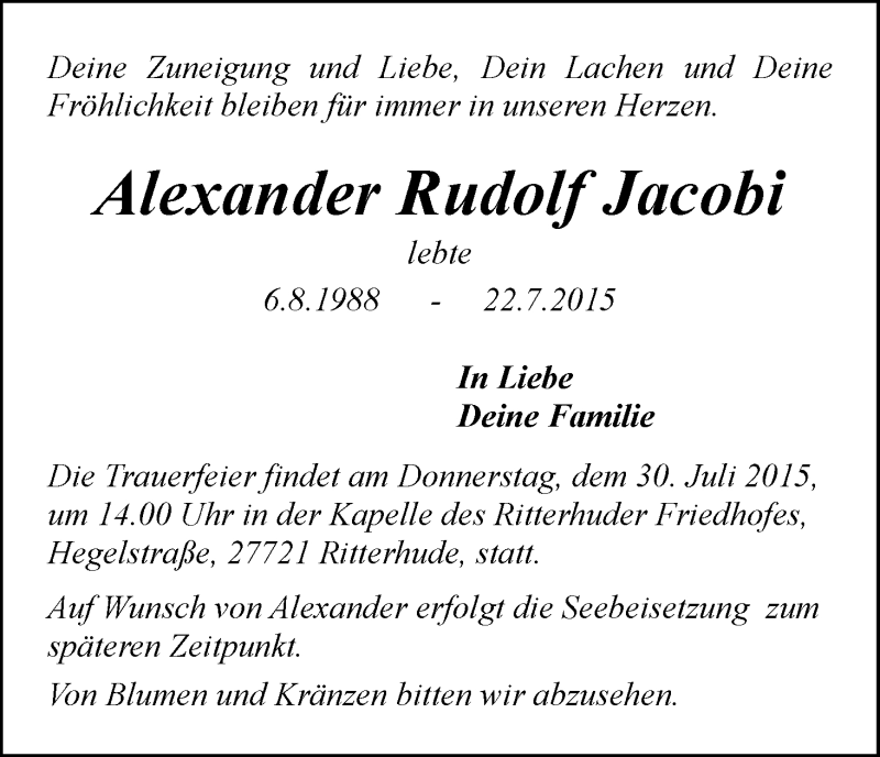  Traueranzeige für Alexander Rudolf Jacobi vom 25.07.2015 aus Osterholzer Kreisblatt