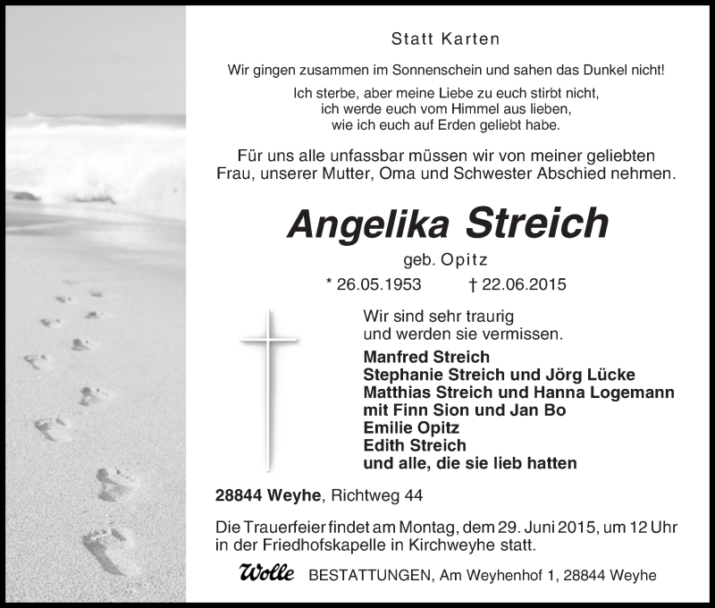  Traueranzeige für Angelika Streich vom 26.06.2015 aus Regionale Rundschau/Syker Kurier