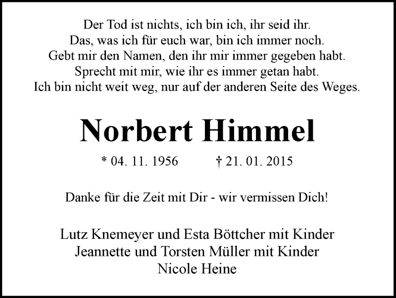  Traueranzeige für Norbert Himmel vom 31.01.2015 aus WESER-KURIER