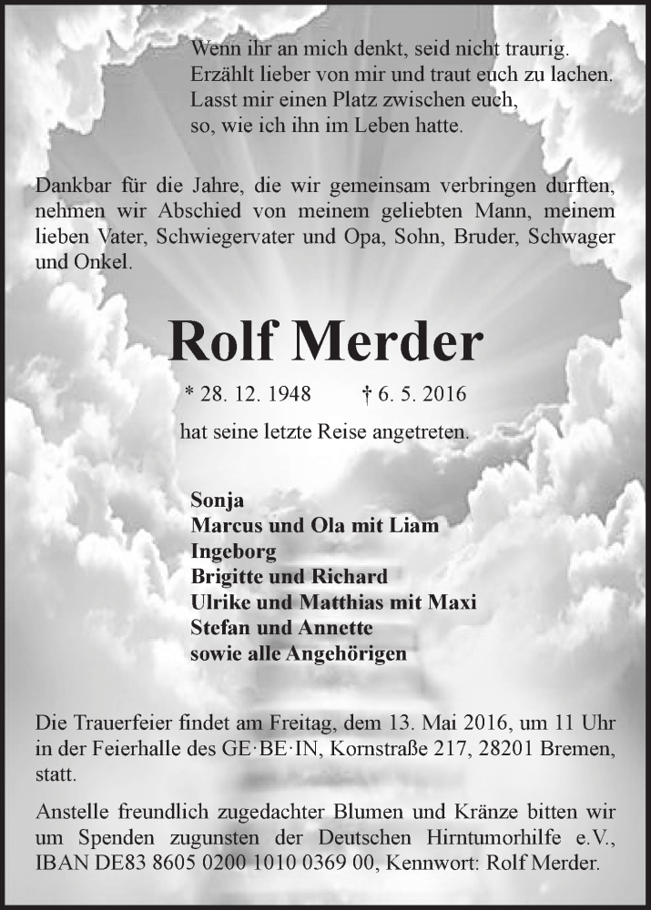  Traueranzeige für Rolf Merder vom 10.05.2016 aus WESER-KURIER