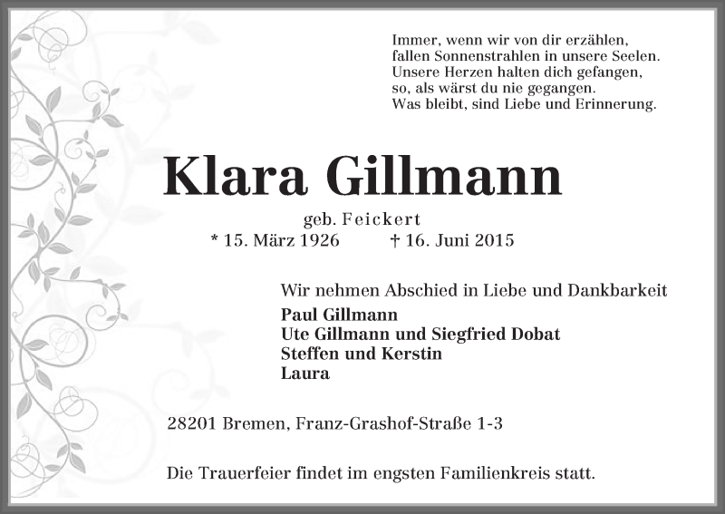  Traueranzeige für Klara Gillmann vom 20.06.2015 aus WESER-KURIER