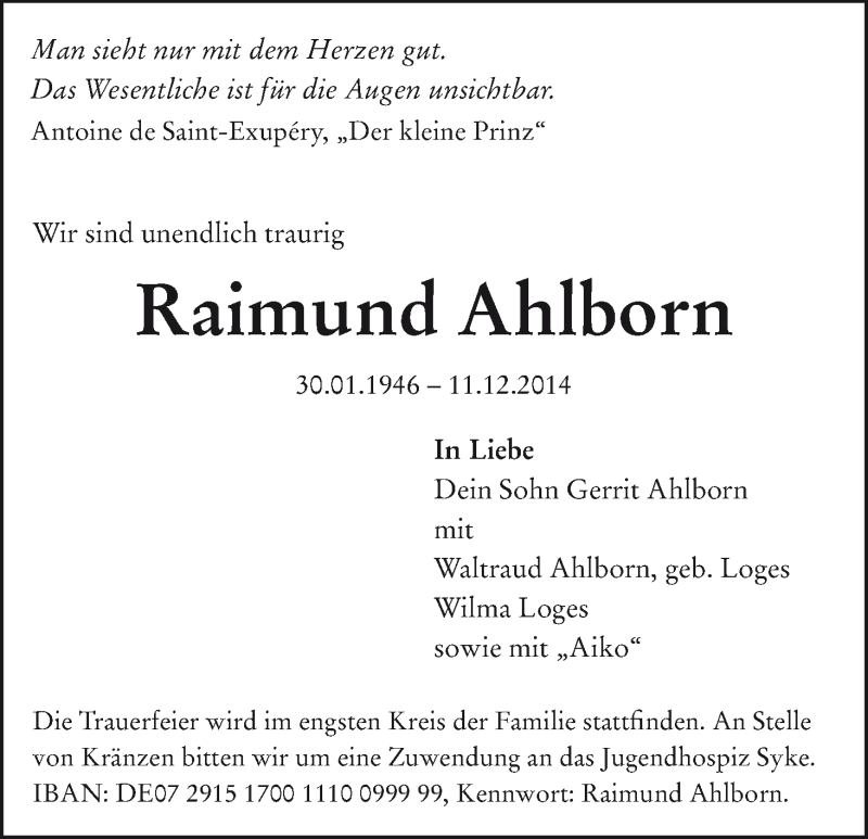  Traueranzeige für Raimund Ahlborn vom 20.12.2014 aus WESER-KURIER