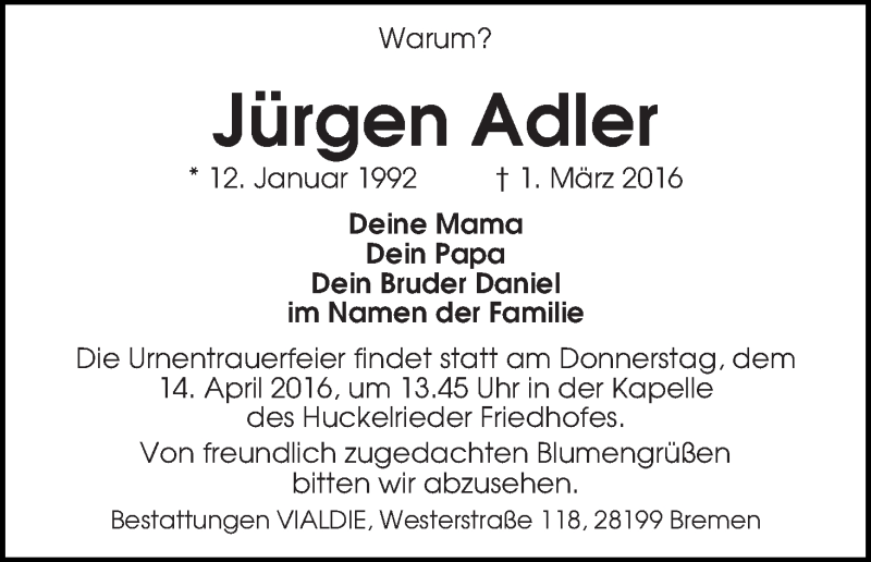  Traueranzeige für Jürgen Adler vom 19.03.2016 aus WESER-KURIER