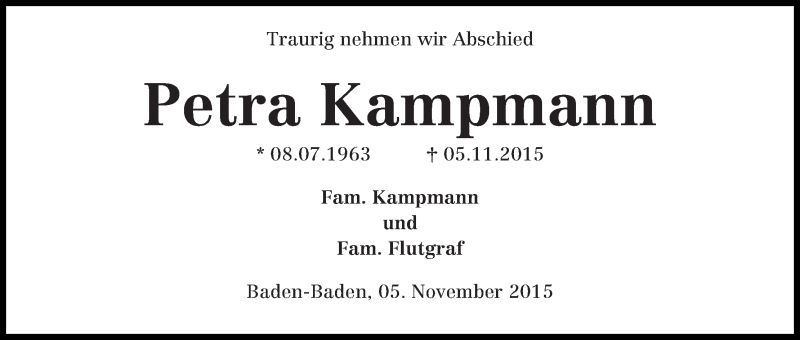  Traueranzeige für Petra Kampmann vom 14.11.2015 aus WESER-KURIER