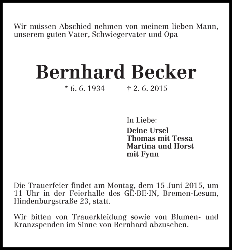 Traueranzeige von Bernhard Becker von Osterholzer Kreisblatt