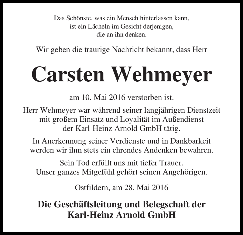  Traueranzeige für Carsten Wehmeyer vom 28.05.2016 aus WESER-KURIER