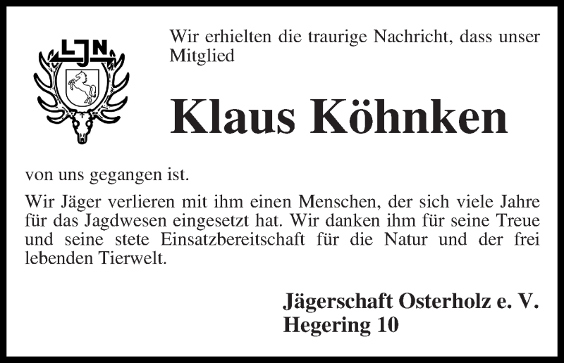  Traueranzeige für Klaus Köhnken vom 03.07.2015 aus Wuemme Zeitung