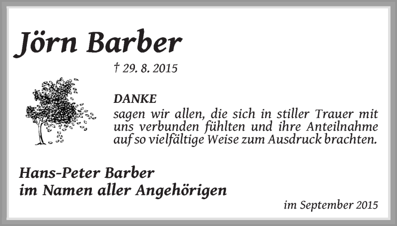  Traueranzeige für Jörn Barber vom 30.09.2015 aus WESER-KURIER