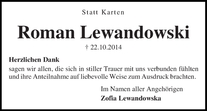  Traueranzeige für Roman Lewandowski vom 22.11.2014 aus WESER-KURIER