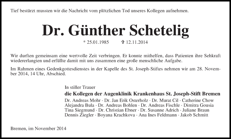  Traueranzeige für Günther Schetelig vom 19.11.2014 aus WESER-KURIER
