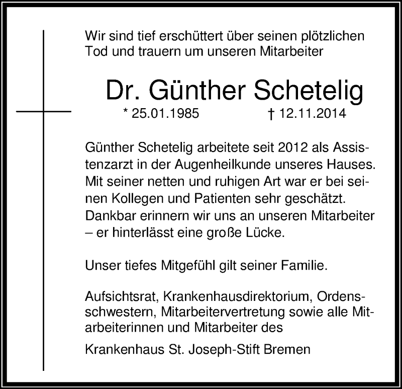  Traueranzeige für Günther Schetelig vom 19.11.2014 aus WESER-KURIER