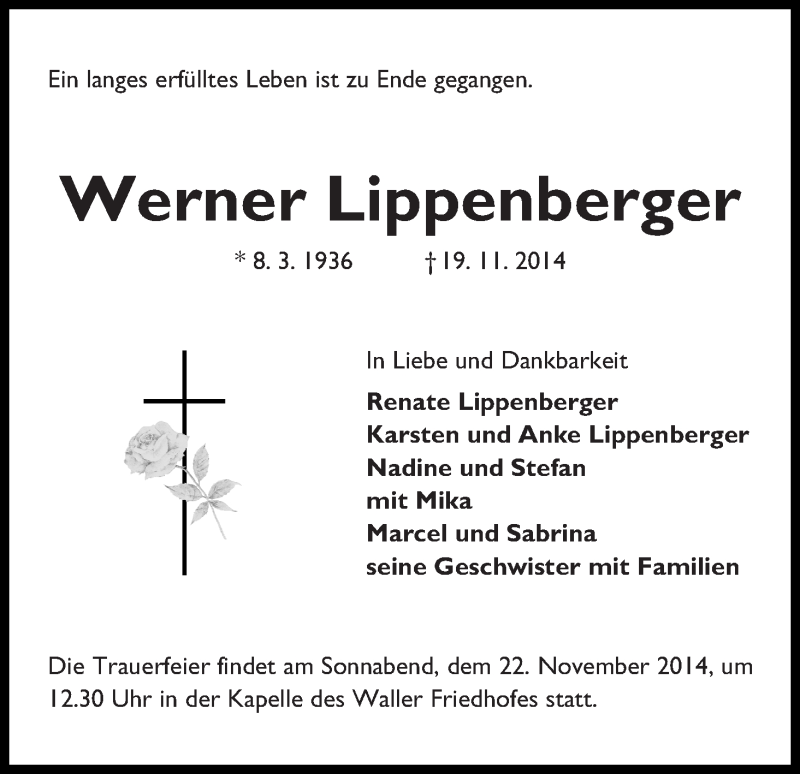  Traueranzeige für Werner Lippenberger vom 22.11.2014 aus WESER-KURIER