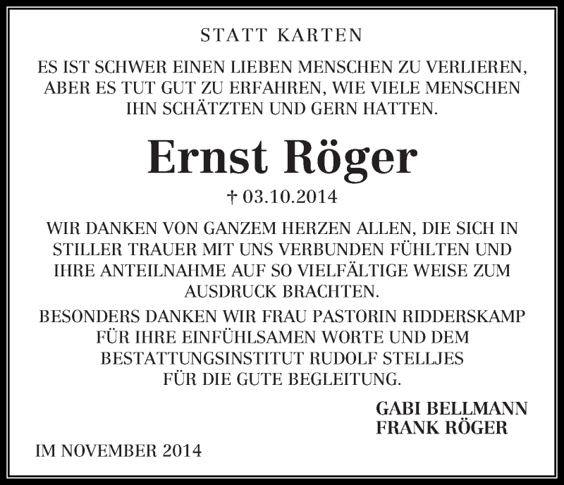  Traueranzeige für Ernst Röger vom 22.11.2014 aus Wuemme Zeitung