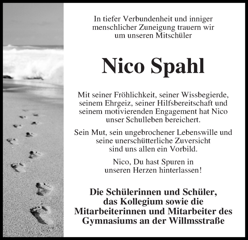  Traueranzeige für Nico Spahl vom 24.11.2014 aus Regionale Rundschau/Syker Kurier