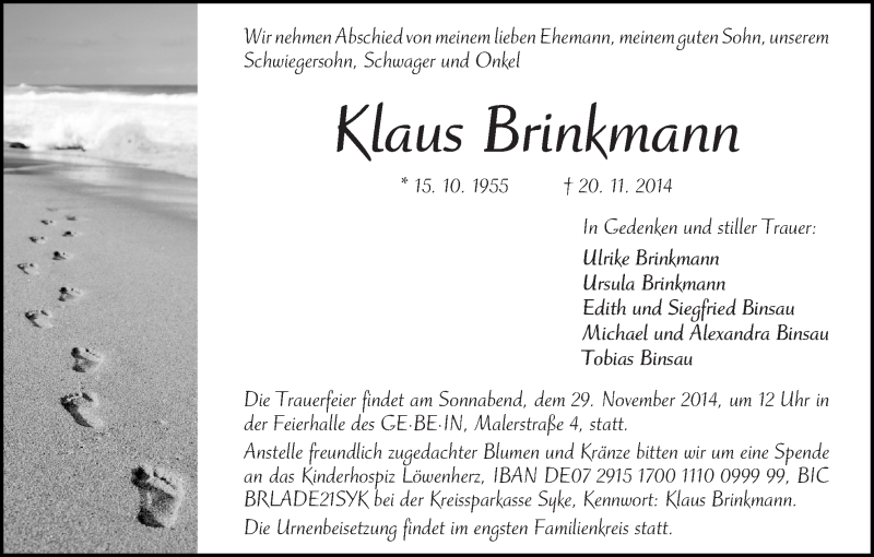  Traueranzeige für Klaus Brinkmann vom 25.11.2014 aus WESER-KURIER