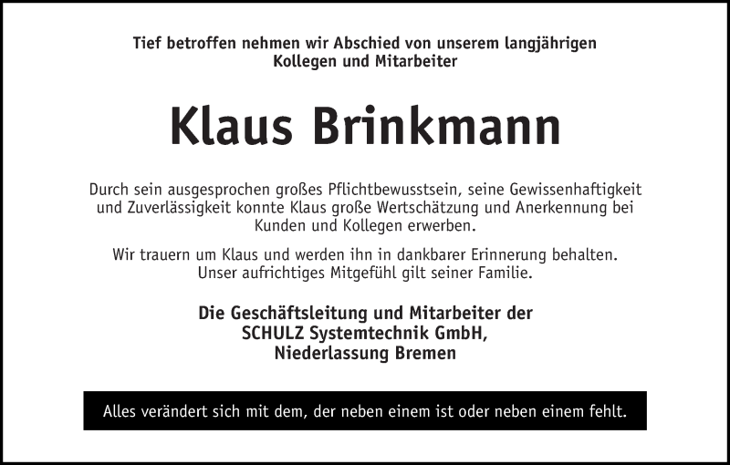  Traueranzeige für Klaus Brinkmann vom 25.11.2014 aus WESER-KURIER