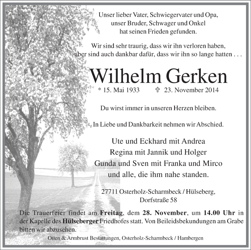  Traueranzeige für Wilhelm Gerken vom 25.11.2014 aus Osterholzer Kreisblatt