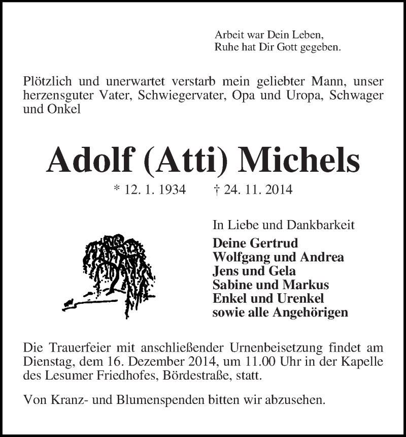  Traueranzeige für Adolf Michels vom 06.12.2014 aus WESER-KURIER