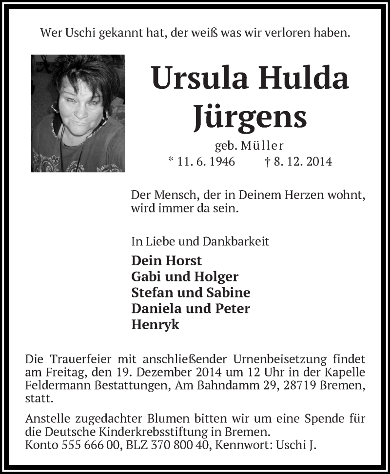  Traueranzeige für Ursula Hulda Jürgens vom 13.12.2014 aus WESER-KURIER