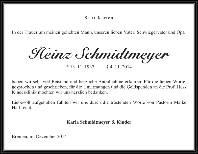 Traueranzeige für Heinz Schmidtmeyer vom 13.12.2014 aus WESER-KURIER