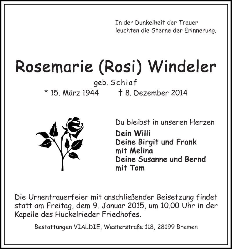  Traueranzeige für Rosemarie (Rosi) Windeler vom 13.12.2014 aus WESER-KURIER